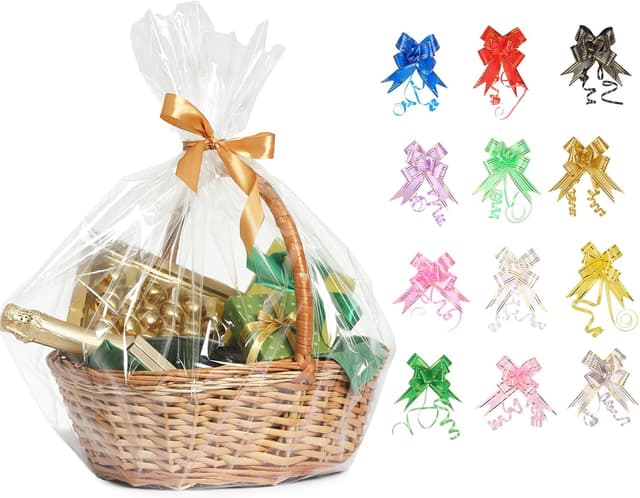 Detalle de 12 large clear cellophane hamper bags (50 x 70cm) with 12 pull bows – Christmas, Easter, Valentine’s and more