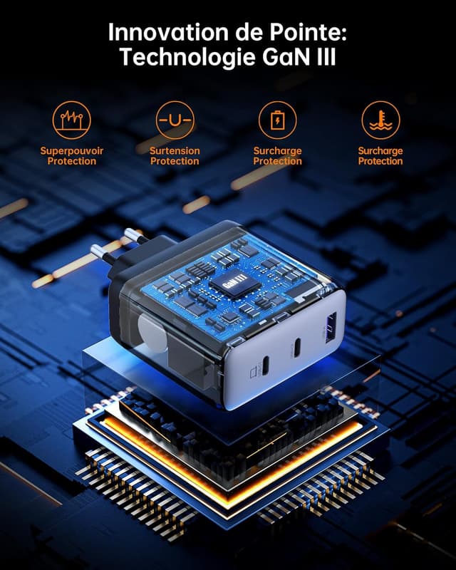 Detalle de Chargeur NOVOO USB‑C 120W pour MacBook Pro/Air, GaN III avec câble PD 100W (multiport)