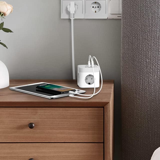 Detalle de JSVER USB-Steckdosenleiste Würfel mit 3 Steckdosen und 3 USB-Ladeports (1,5-m-Kabel)