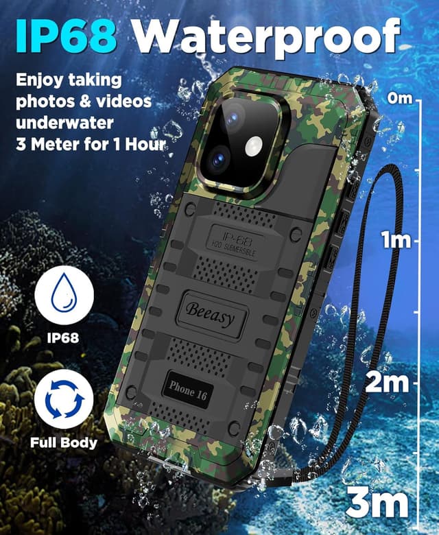 Detalle 2 de Beeasy Robust Series Waterproof iPhone 16 Case (Camo) — heavy duty full-body protection with built-in screen cover