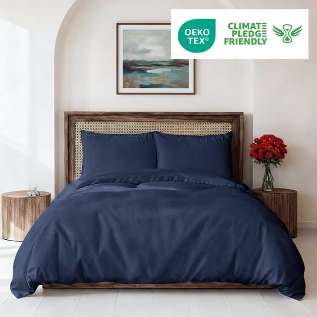 Detalle 2 de Housse de couette 155x220 cm bleue marine (parure 3 pièces) avec 2 taies 80x80 cm en microfibre brossée