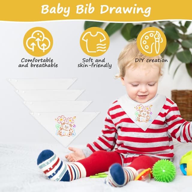 Detalle de Aolso Baby Lätzchen zum Bemalen (8er-Set) mit Textilstiften & Zeichenvorlagen – weiße Baumwoll-Lätzchen, 40 x 29 cm