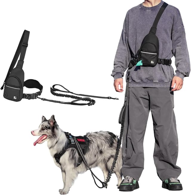 Detalle de OneTigris laisse de jogging pour chien avec ceinture rembourrée, poche poitrine et double poignée (3 en 1)