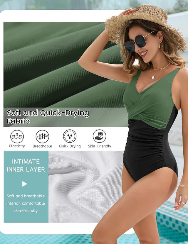 Detalle 2 de Vijamiy Damen Badeanzug Einteiler mit tiefem V-Ausschnitt und Bauchweg-Effekt (One Piece)
