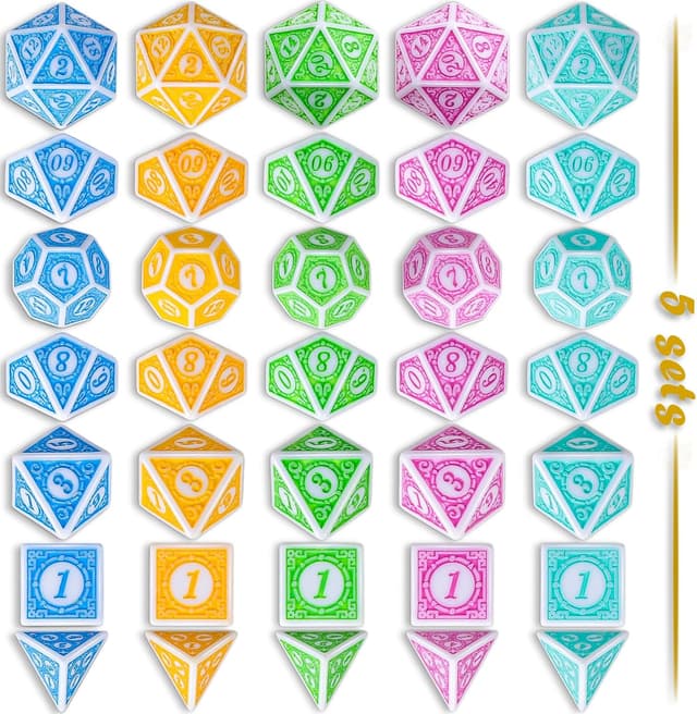 Detalle de QMAY DND Würfel-Set „5x7“ (35 Stück) mit Vintage-Gravur – Polyederwürfel für D&D, MTG & RPG
