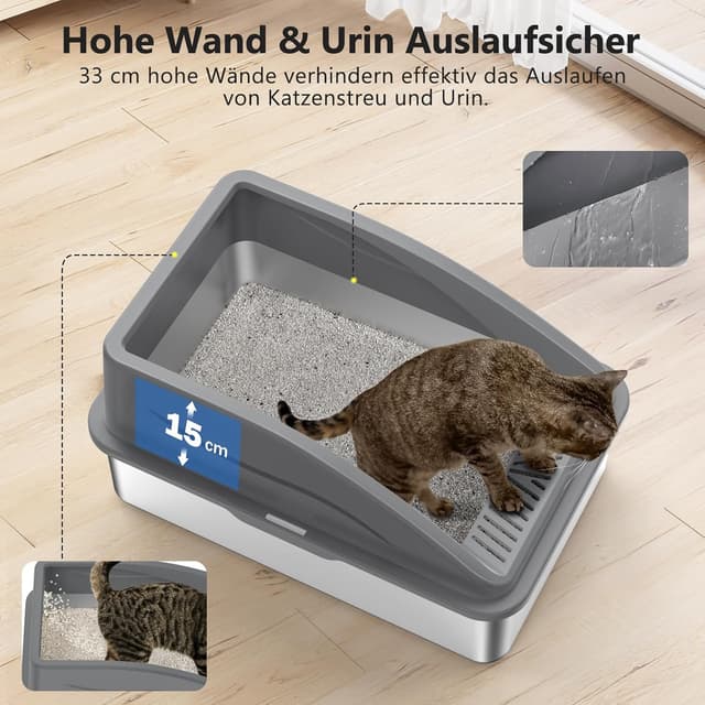 Detalle de FURTIME Katzenklo Edelstahl XXL (35 l), 58×36×33 cm – mit Streuschaufel und Doppelschicht-Matte