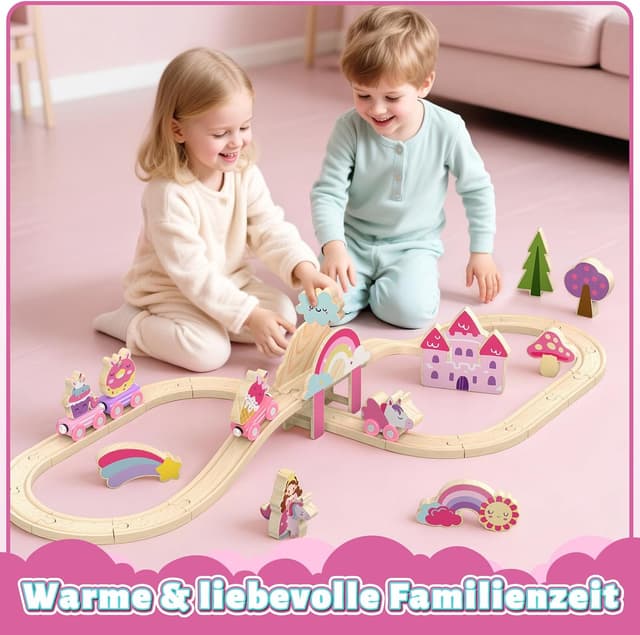 Detalle 1 de Lehoo Castle Holzeisenbahn für Mädchen – Einhorn-Feen-Holzeisenbahn, 38-teiliges Set ab 3 Jahren (rosa)