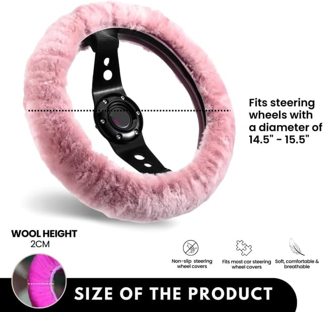 Detalle de Andalus Brands Luxury Fluffy Car Steering Wheel Covers – Genuine Merino Sheepskin, Pink (Universal 14.5–15")