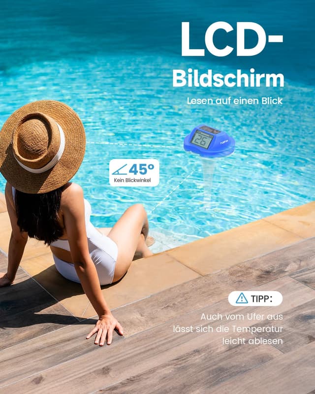 Detalle de PoolPrime Poolthermometer mit Doppelbildschirm – schwimmend, digital, IPX7 (Darkblue)