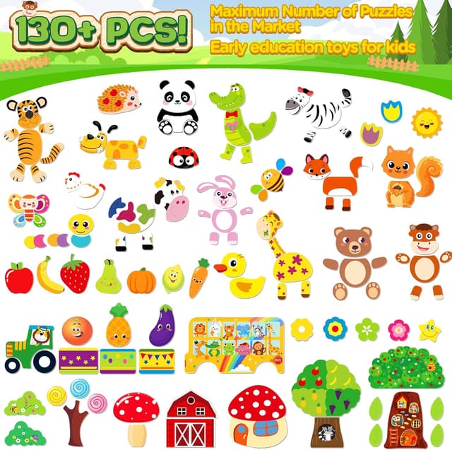 Detalle de Jojoin 130 pezzi puzzle in legno magnetico doppio lato Montessori (frutta/animali) 2025