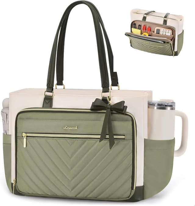 Detalle de LOVEVOOK 15.6-inch laptop tote bag for women with padded sleeve, cup holder, and multiple pockets