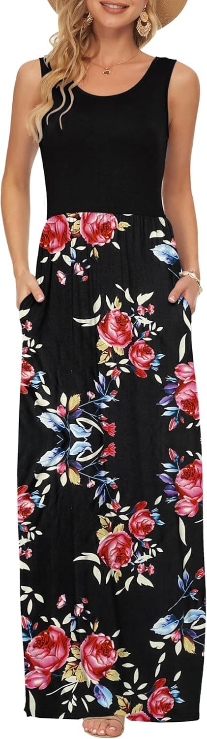 Detalle de AUSELILY summer casual maxi dress with pockets – sleeveless long dress with elastic waist
