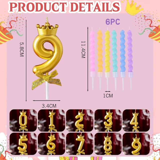 Detalle de Mulomir Macaron Geburtstagskerzen-Set mit 3D goldener Kronenzahlenkerze (0–9) und 6 Macaron-Spiralkerzen