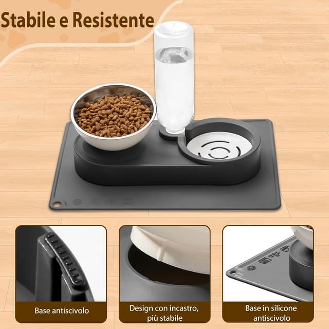 Detalle 2 de Marchul ciotole rialzate per gatti con supporto inclinato 15°, acciaio inox e bottiglia d’acqua a gravità da 500 ml