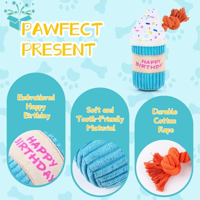 Detalle de La Desire Birthday Balloon Dog Toy with Rope Leg (ice cream) – soft plush squeaker for tug & light chewing