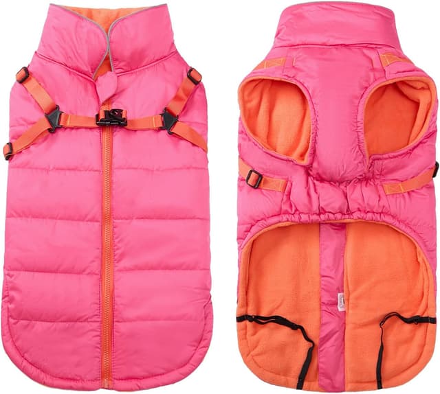 Detalle de babepet Waterproof Dog Coat with Harness (Waterproof Fleece Lining, Reflective Piping) – Pink, XL