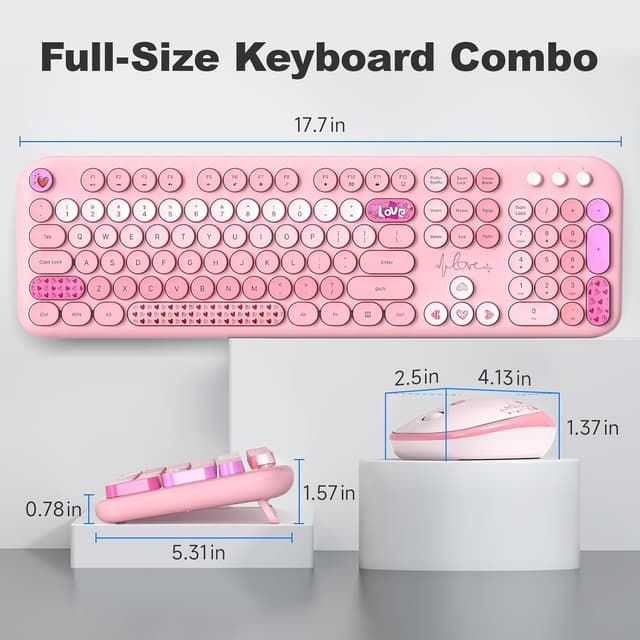 Thumbnail 6 de MOWUX Wireless Keyboard and Mouse Combo (Full-Size Typewriter Retro Round Keys) + Cute Optical Mouse, Plug and Play — Pink Heart