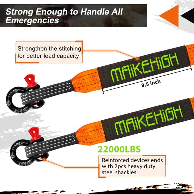 Detalle de MAIKEHIGH Tow Rope 5m x 5cm (10 Ton / 22,000 Lbs) Off-Road Recovery Strap with Gloves and Shackles