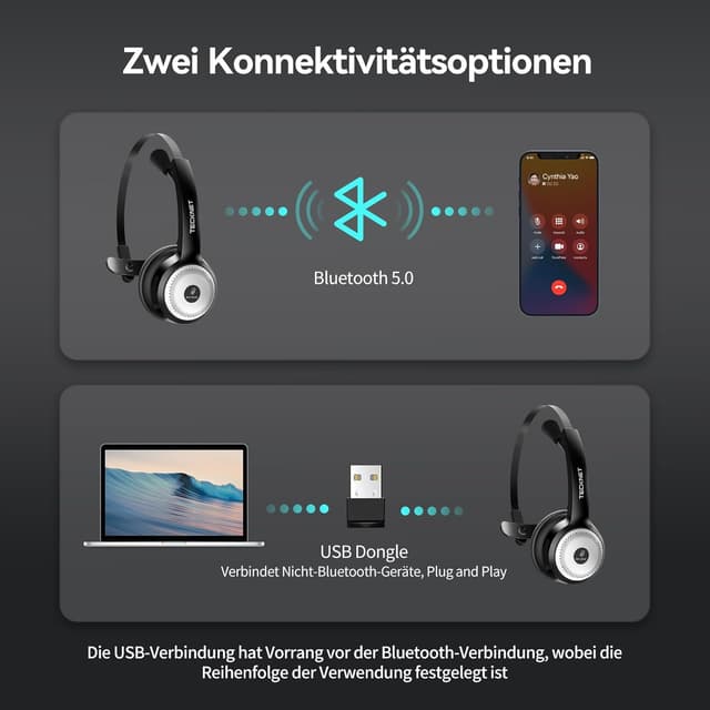 Detalle de TECKNET Bluetooth PC Headset mit Mikrofon & USB-Dongle (mono) inkl. Ladestation