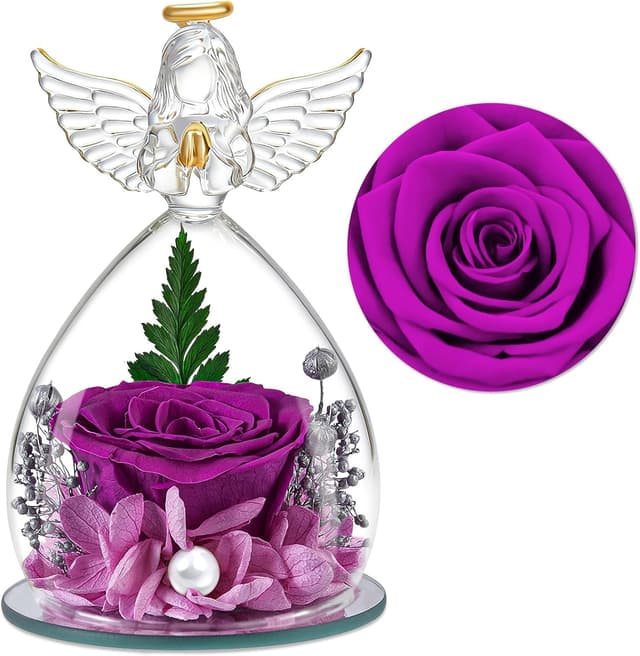 Detalle de YiHuaHua Rose Eternelle Cadeau Femme avec figurine d’ange et cloche en verre borosilicate
