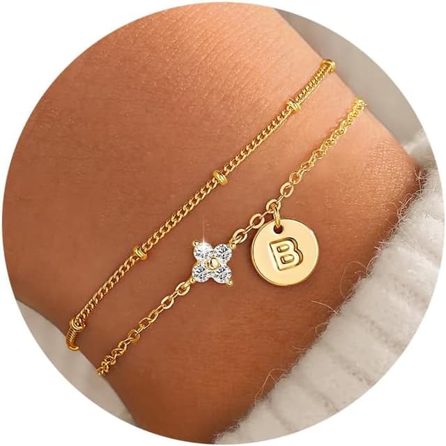 Detalle de TINGN Initialen-Armband Damen Gold/Silber, 14K vergoldet mit A–Z & vierblättrigem Kleeblatt