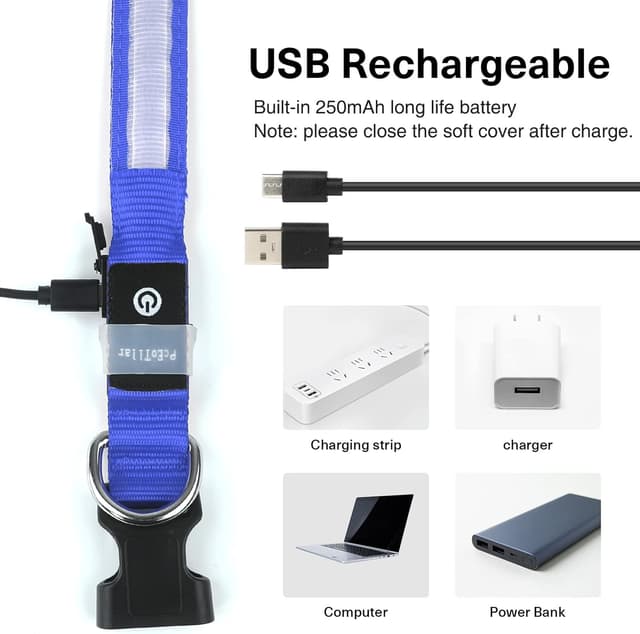 Detalle 2 de PcEoTllar Light Up Rechargeable Dog Collar (Blue, 9 Modes) – Waterproof LED for Small to Large Dogs