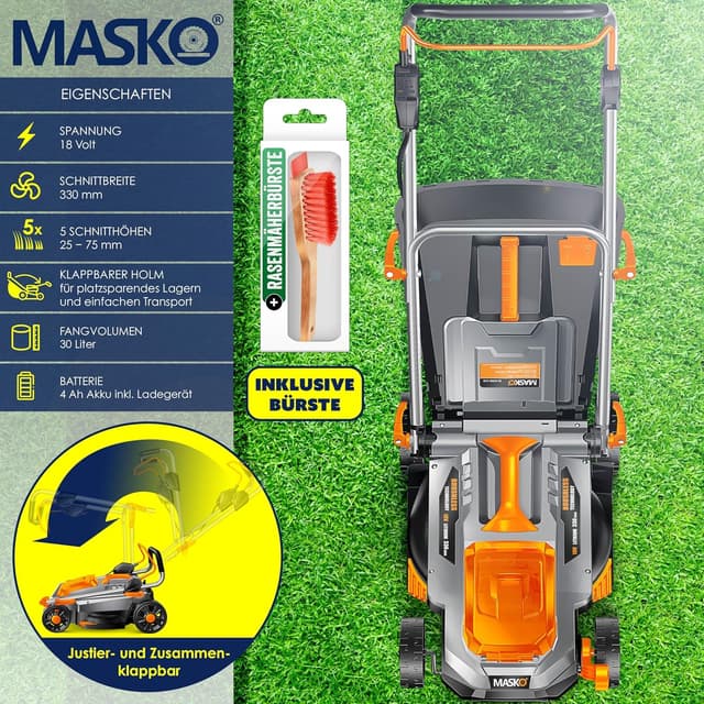 Detalle 2 de MASKO® Akku-Rasenmäher mit Mulchfunktion (36V) inkl. 4 Ah Akku, Ladegerät und 33 cm Rasentrimmer