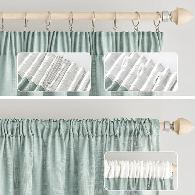 Detalle de EMEMA Leinenvorhang mit Kräuselband (Voile/Leinenoptik), halbtransparent, türkis – 140 x 215 cm, 2er-Set