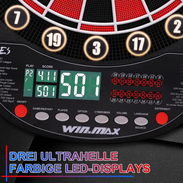 Detalle de WIN.MAX Elektronische Dartscheibe Profi Set mit 34 Games, 354 Varianten – für 1 bis 8 Spieler, 3 Sprachen