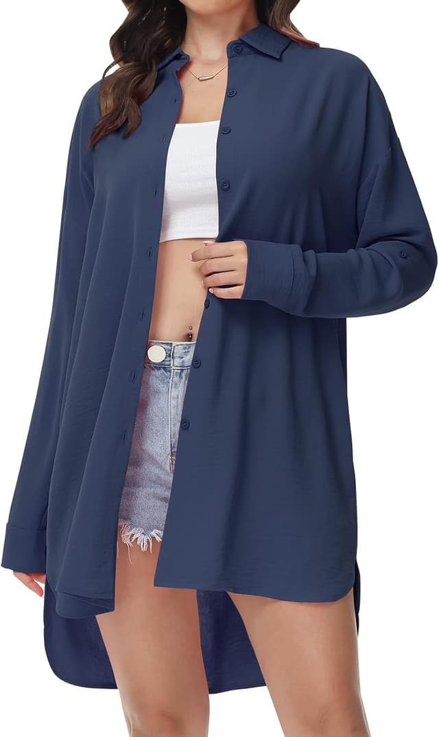 Detalle de Tanmolo Damen-Bluse mit V-Ausschnitt und Knopfleiste (Langarm, Polyester) – lässiges Hemd zum Kombinieren