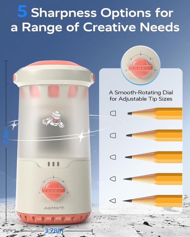 Detalle de JUPITEARTH Electric Pencil Sharpener for Kids (Hands-Free, Rechargeable, Spaceship design) – Fits 6.9–11mm pencils