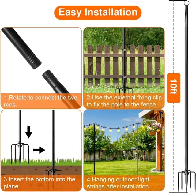 Thumbnail 6 de HoldOneLight 6 Pack 9.8FT heavy duty metal outdoor light poles with ground stake & fork hooks