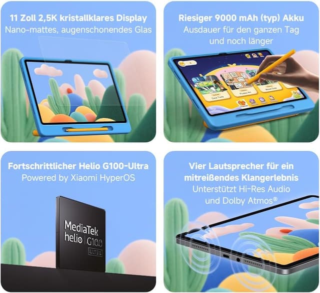 Detalle de Xiaomi 11-Zoll Kinder-Tablet mit Hülle & Stylus (2,5K 90 Hz, 4+128 GB, Wi‑Fi 5) – mattes Glas, 9000 mAh, grau