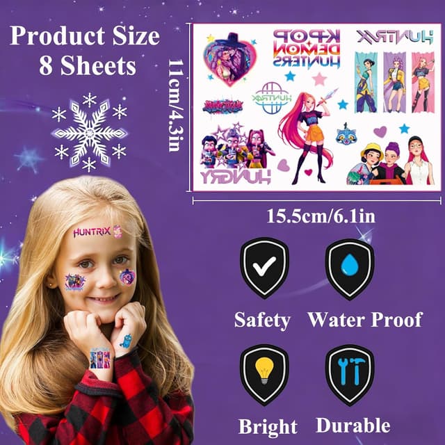 Detalle de ROMANVIC Demon Hunter K-Pop Tattoo Kinder – 8 Blatt temporäre Klebetattoos (180+ Motive) für Geburtstag & Party