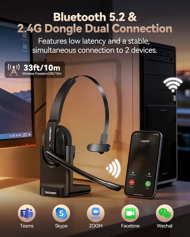 Detalle de TECKNET V5.2 Bluetooth Headset 50+ Std. Akku