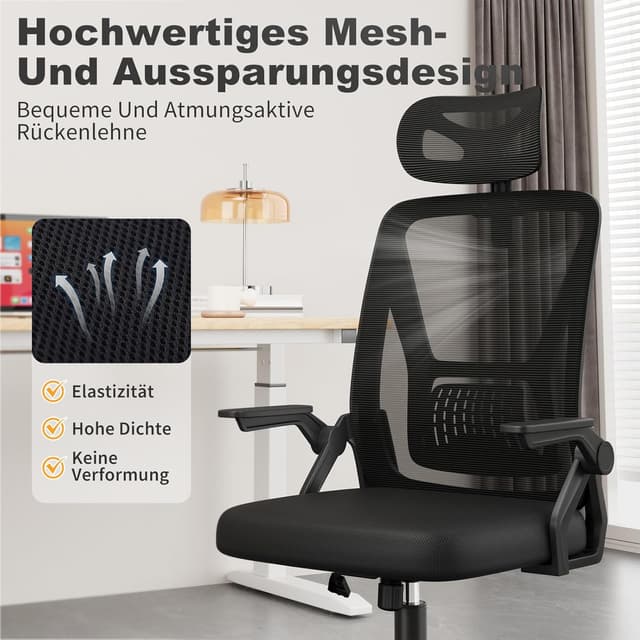 Detalle de naspaluro Ergonomischer Bürostuhl mit 90° klappbaren Armlehnen, Mesh-Polster und verstellbarer Kopfstütze (Schwarz)