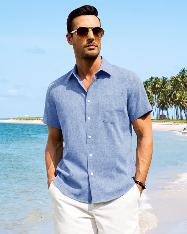 Detalle de J.VER Leinenhemd Herren Kruzarm Regular Fit – leichtes Sommerhemd mit Tasche