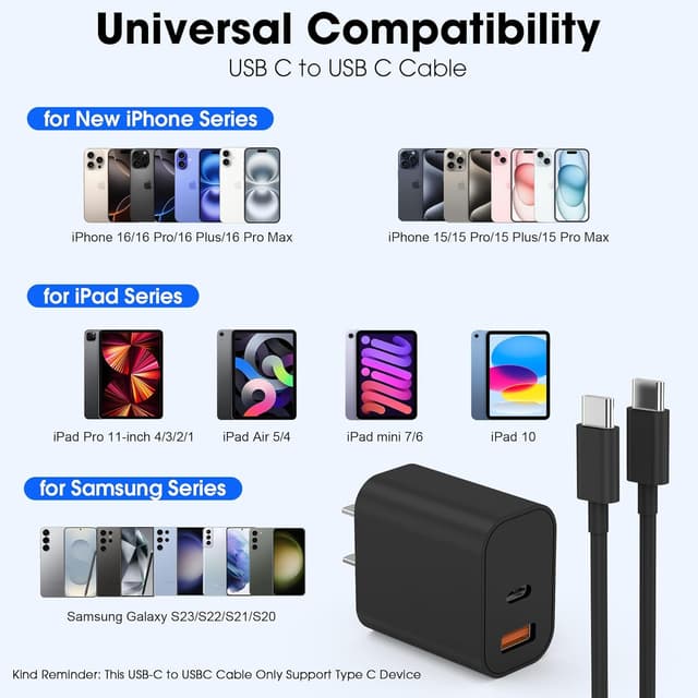 Detalle 2 de 20W USB-C iPhone Wall Charger (Dual-Port) with 6ft Type-C to Type-C Cable