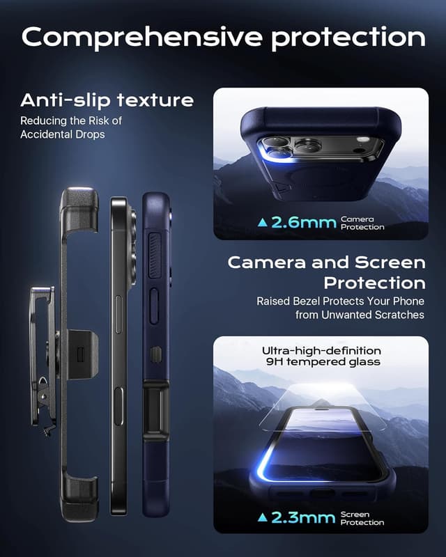 Detalle de ByteRock iPhone 17 Pro Max Case (6.9") with MagSafe, Belt Clip Holster & 360° Kickstand, Blue