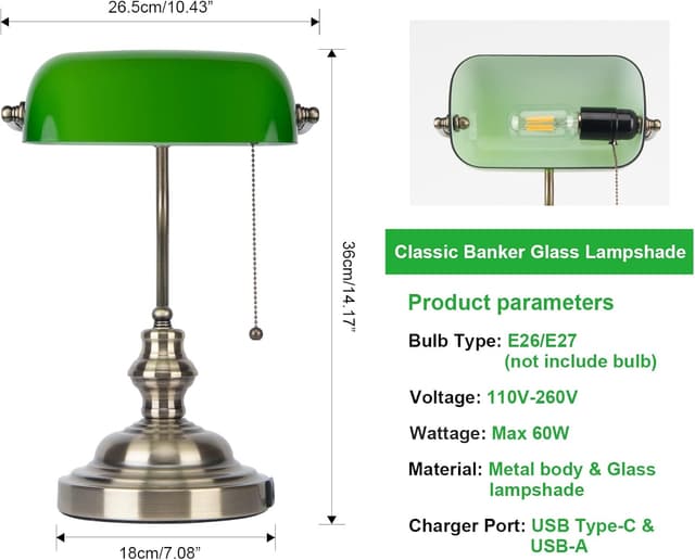 Detalle de Lampe de banquier vintage JCPYIUL verte avec abat-jour pivotant, port USB et interrupteur à chaînette