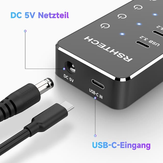 Detalle 2 de RSHTECH RSH-ST07C USB-C 3.2 Hub Aktiv mit Netzteil (7 Ports, 10Gbps/5Gbps, Touch-Schalter)