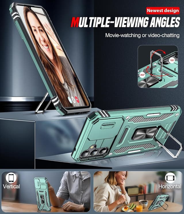 Detalle 2 de LeYi Samsung Galaxy A34 5G Case with rotating kickstand, sliding camera cover and screen protectors (Light Green)