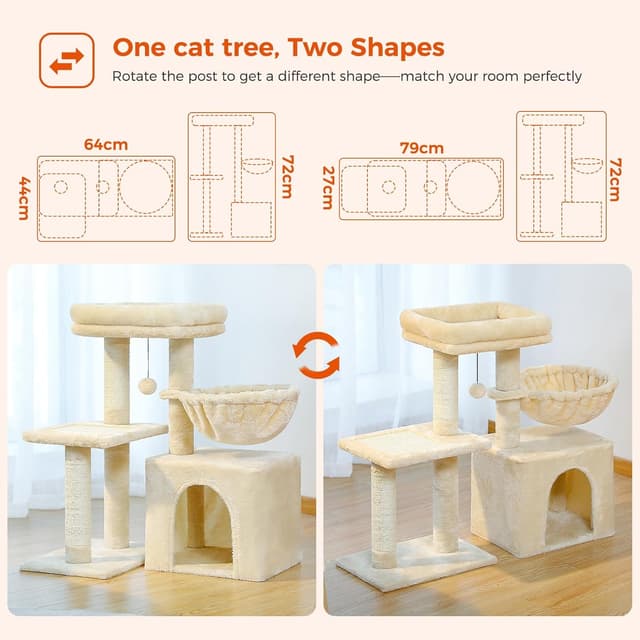 Detalle 2 de PAWZ Road Small Cat Tree (73cm) with Big Hammock, Removable Top Perch & Scratching Posts – Beige