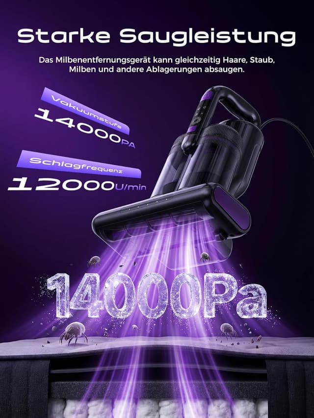 Detalle 2 de BioAura Milbensauger für Matratzen mit UV-Licht, Heißluft, HEPA-Filter & Ultraschall