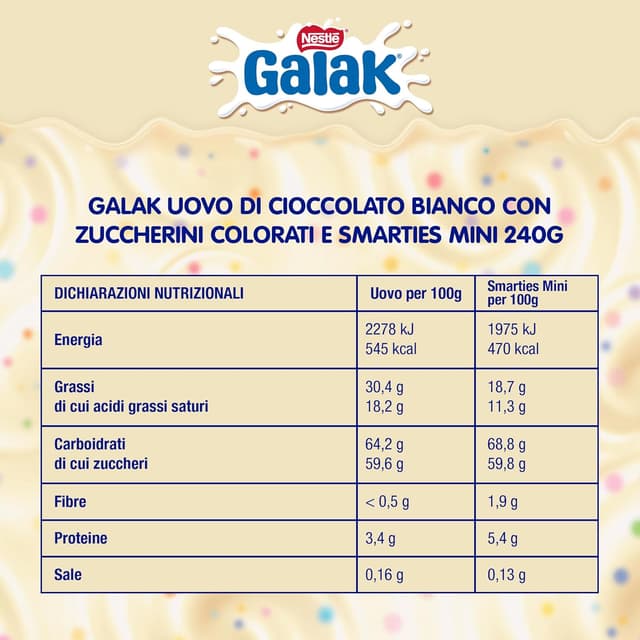 Detalle 2 de GALAK Uovo di Pasqua 2026 al Cioccolato Bianco con sorpresa e Mini SMARTIES 240g