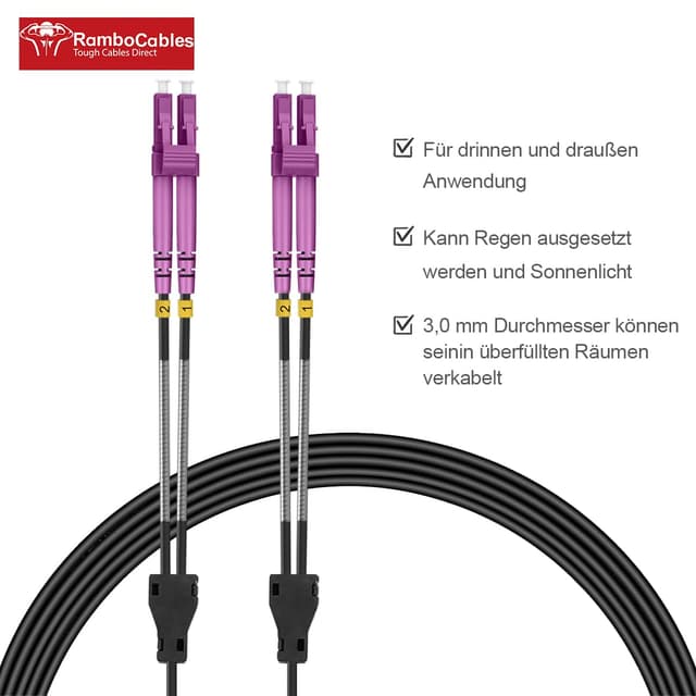 Detalle 2 de RamboCables 30 m gepanzertes Glasfaser-Kabel OM4 (LSZH, OD 3,0 mm) LC auf LC Duplex Multimode – für Innen & Außen