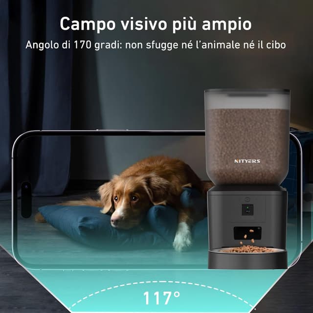 Detalle de Nityers distributore automatico cibo per gatti e cani con telecamera 1080P, audio bidirezionale e Wi‑Fi 2.4/5 GHz