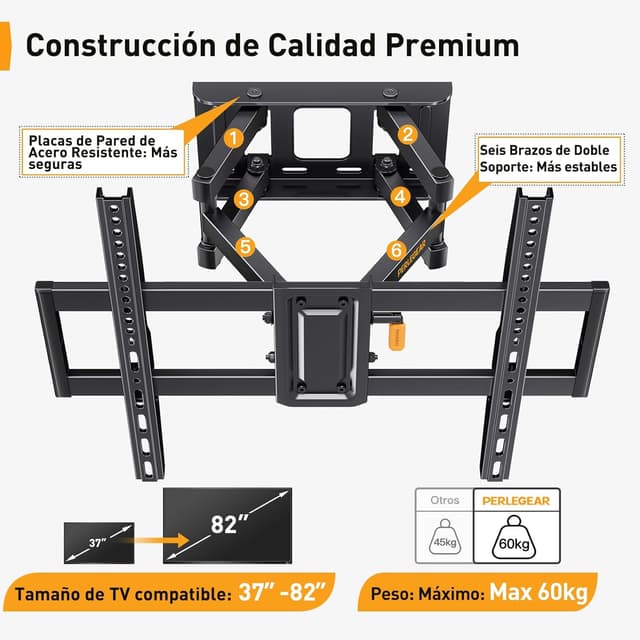 Detalle 2 de Perlegear Supporto TV da 37–82" girevole inclinabile, 60 kg