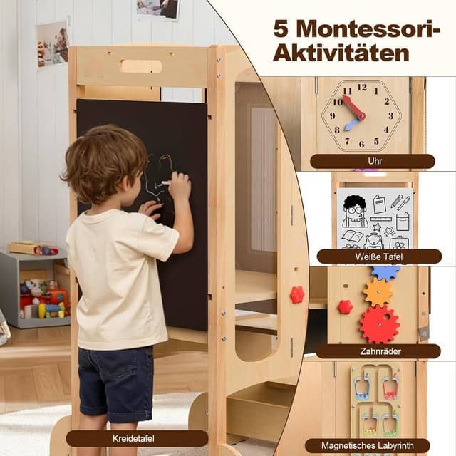 Detalle de SOFTHOM Montessori Lernturm ab 1 Jahr – klappbar, höhenverstellbar mit 360° Sicherheitsnetz und Holz-Tritthocker