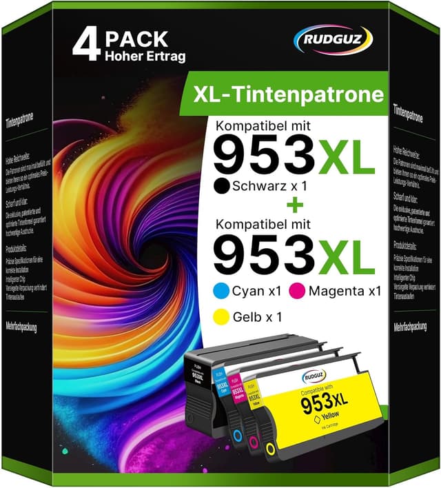 Detalle de RUDGUZ 953XL Druckerpatronen kompatibel für HP 953XL Multipack (4er-Pack) – Schwarz, Cyan, Magenta, Gelb